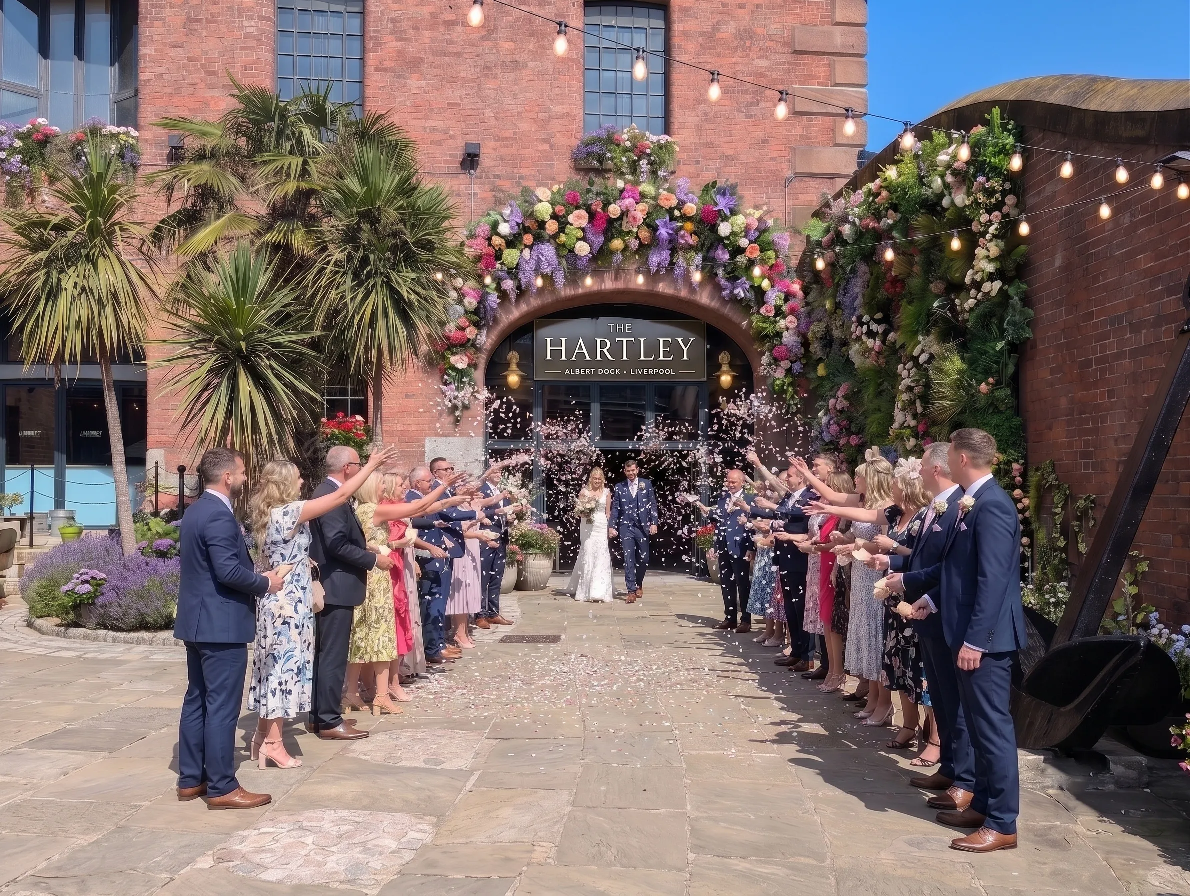 A couple walking through confetti outside The Hartley's flower-covered entrance on the Albert Dock